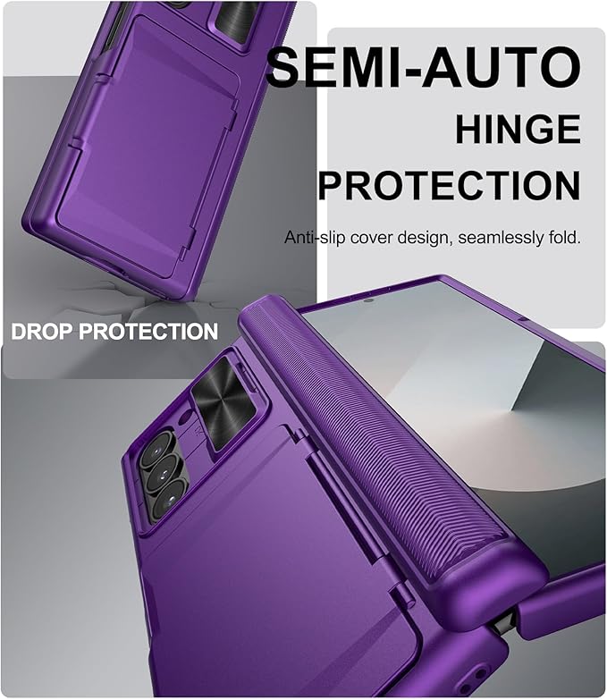 for Samsung Galaxy Z Fold 6 Case with Card Holder & Slide Camera Lens Cover & Hinge Protection & Screen Protector, Multifunctional Durable Rugged Phone Case for Samsung Z Fold 6, Dark Purple