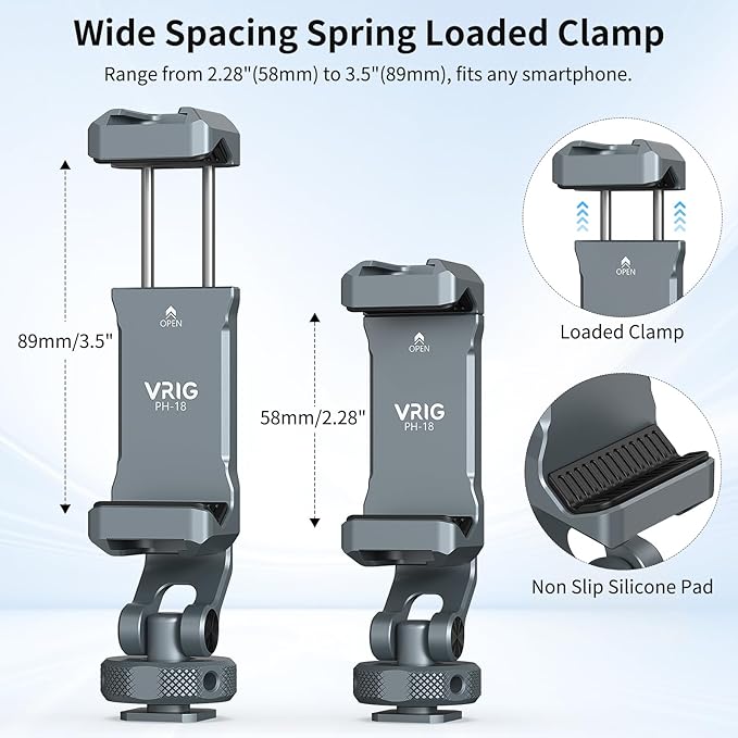 VRIG PH-18 Metal Phone Tripod Mount with Cold Shoe & 1/4"-20 Screw Holes, 360° Rotation Horizontal & Vertical Shooting, Adjustable Angle Smartphone Holder Tripod Adapter for iPhone, for Samsung