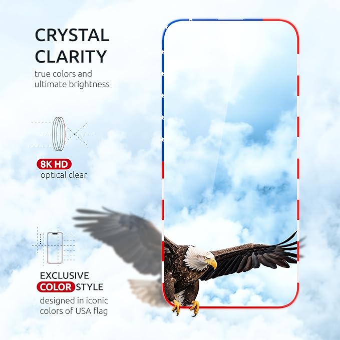 Screen Protector for iPhone 16 Pro - 2 Pack (USA Flag Design and Black) - 9H Hardness, Oleophobic Coating, Easy Installation - Tempered Glass Screen Protector for iPhone 16 Pro