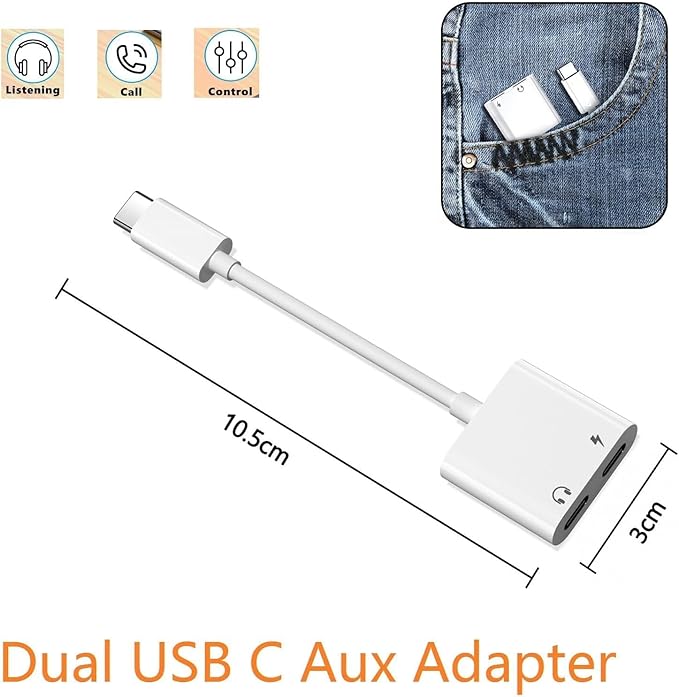 Dual USB C Headphone and Charger Adapter for iPhone 16,Dual USB C AUX + Charger Dongle Splitter Adapter Compatible with iPhone 16/16 Pro/16 Pro Max/15/15Pro/15Pro Max Support Call+Charging( 2Pack)