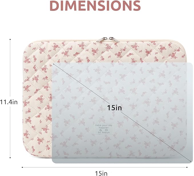 Puffy Laptop Sleeve 13-15.6 Inch Cute Quilted Laptop Protective Case Padded Floral Computer Sleeve for MacBook (A-Pink, 15 Inch)