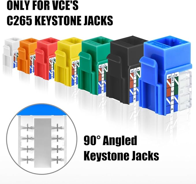 VCELINK Speed Termination Keystone Tool for VCE 90-Degree Keystone Jacks Punch Down Network Tool Kit with 20-Pack CAT6 Keystone Jacks UL-Listed White, 25-Pack RJ45 Connectors and One Mini Wire Strippe