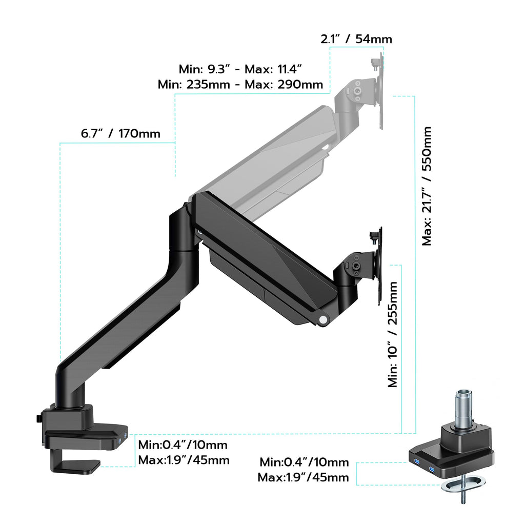 Heavy Duty Single Monitor Mount for 13"-49" Curved Screens with USB, Black