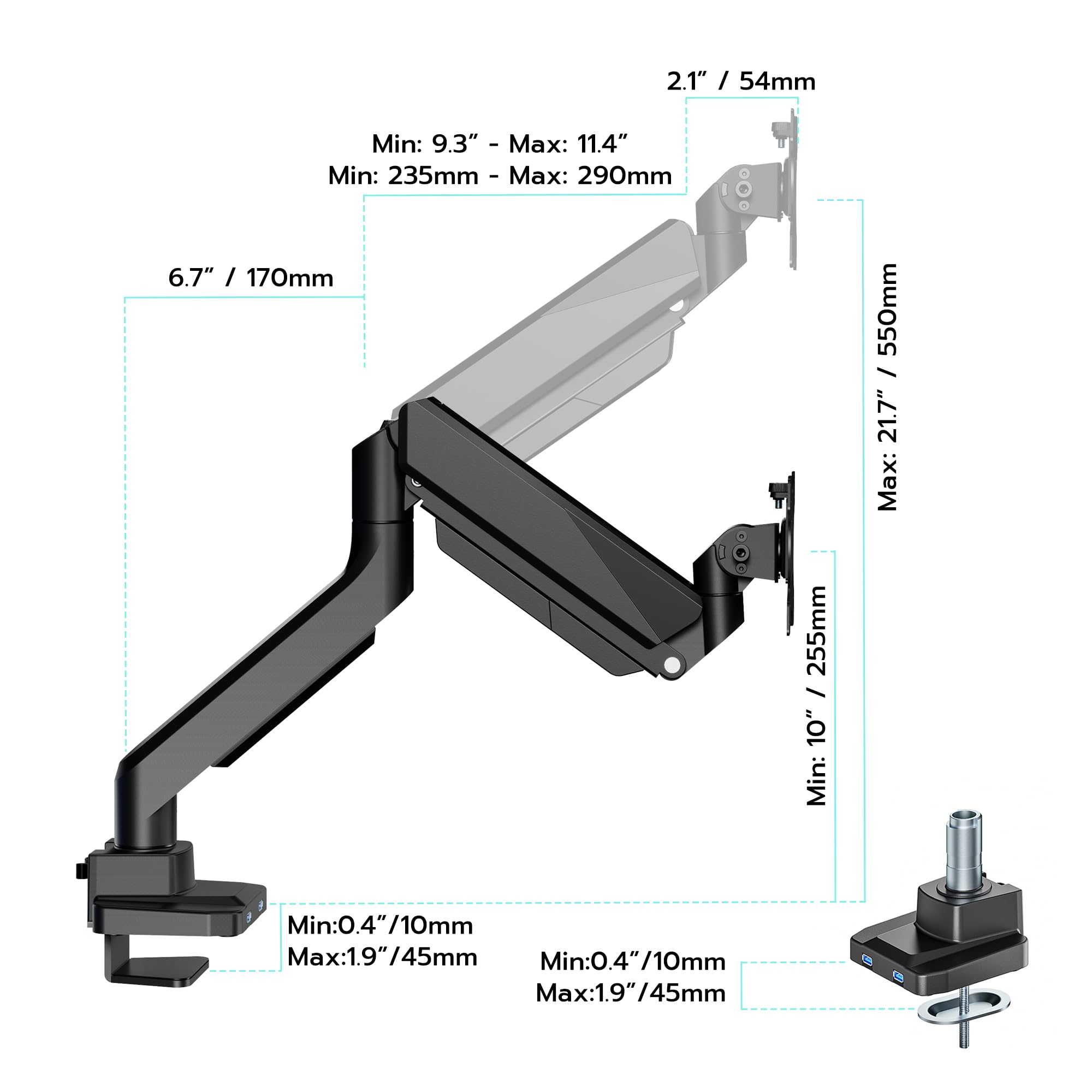 Heavy Duty Single Monitor Mount for 13"-49" Curved Screens with USB, Black