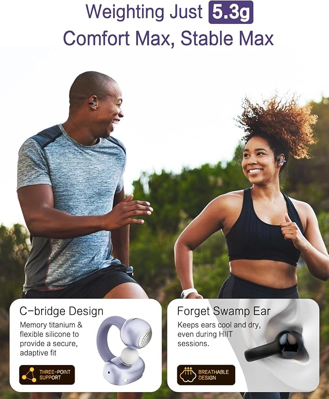 A50 Clip on Earbuds, Bluetooth 6.0 Wireless Open Ear Headphones w/5.3g Weightless Comfort,48H Playtime,3D Soundstage,Clear Call Mics,IPX5,Multipoint Connection,Fit for Workout Running Purple