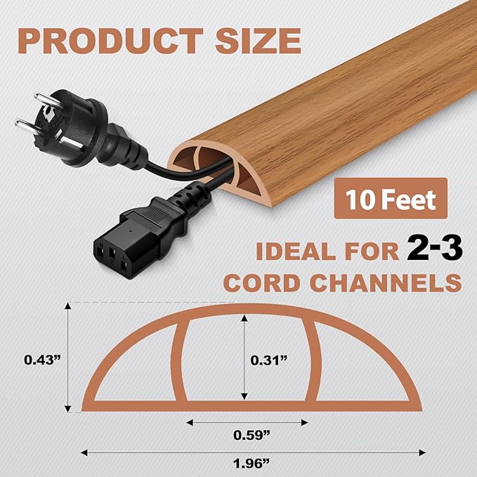 Floor Cord Cover for Wires on Floor Self Adhesive Cord Hider Floor Cable Management Wire Covers for Cords Protector Prevent Cable Trips Cord Cavity W 0.59" x H 0.31", Brown Wood, 10Ft
