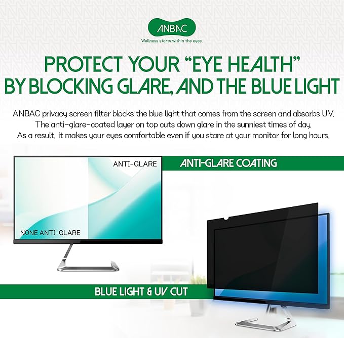 23 Inch Desktop Privacy Screen Shield for 16:9 Wide Monitor - Anti Glare Computer Privacy Screen Cover | Blue Light Blocking Screen Protector | Scratch Resistant UV Filter | Attachment Type