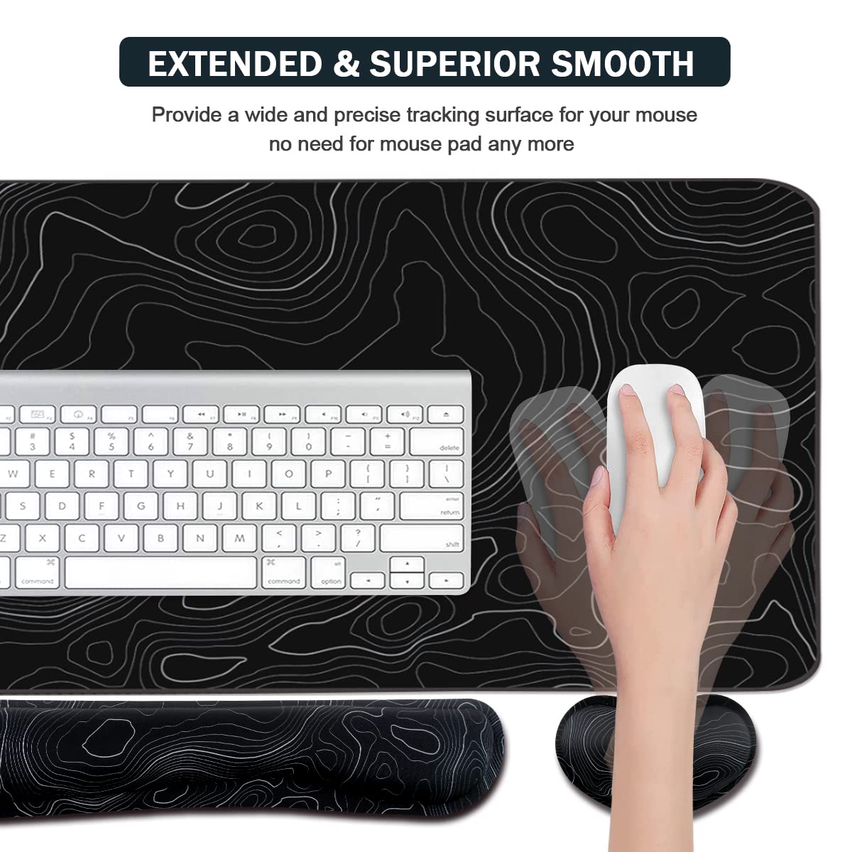Topographic Large Mouse Pad and Keyboard Wrist Rest, Desk Pad for Keyboard and Mouse, 4-in-1 Large Gaming Mouse Pad with Wrist Support, Non-Slip Desk Mat for Home Office Study Game-Topographic Contour