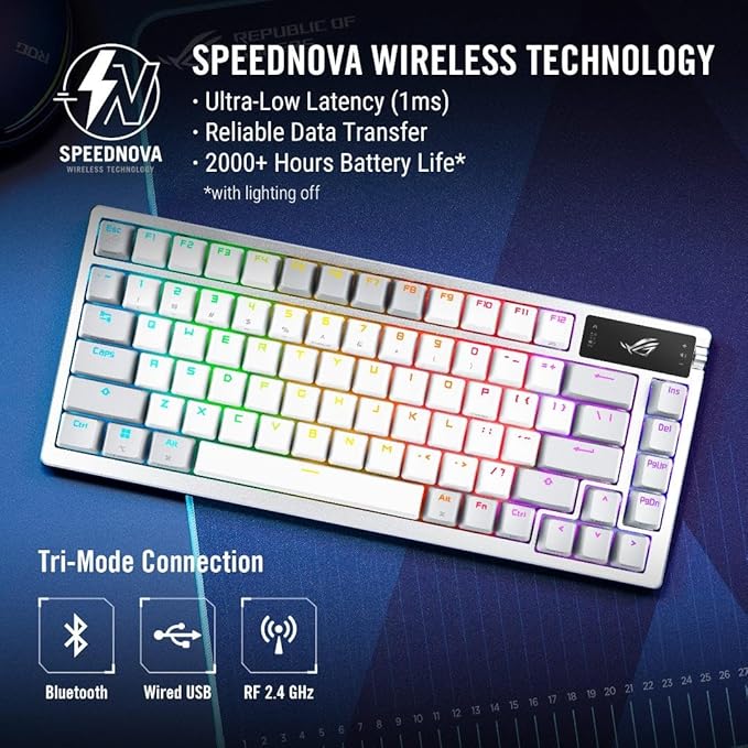 ASUS ROG Azoth 75 Wireless DIY Custom Gaming Keyboard, OLED display, Gasket-Mount, Three-Layer Dampening, Hot-Swappable Pre-lubed ROG NX Brown Switches & Keyboard Stabilizers, PBT Keycaps, RGB - White