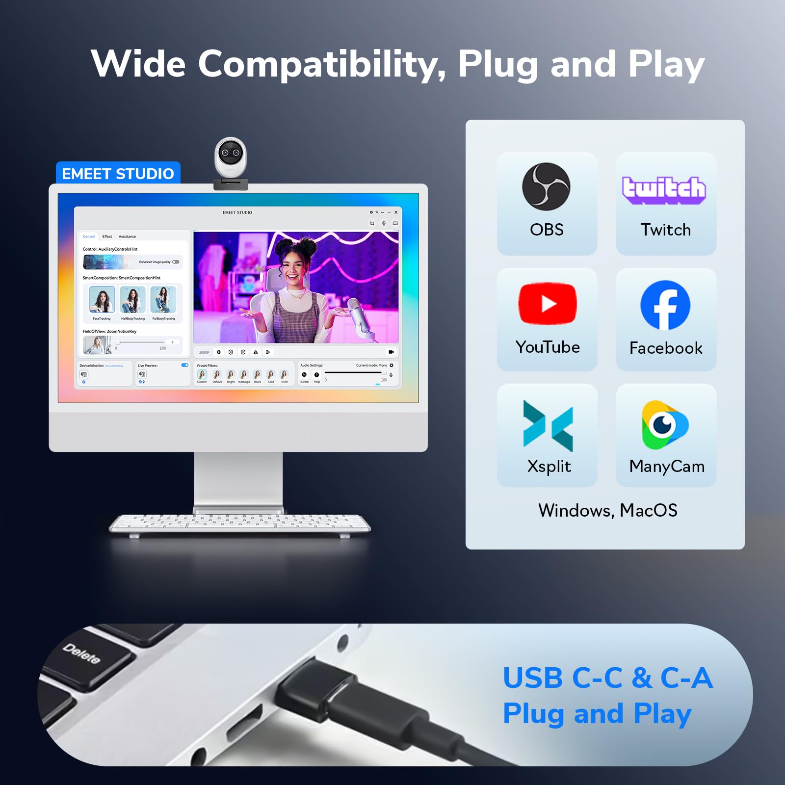 EMEET Piko+ (Piko Plus), World’s 1st Dual-Camera AI-Powered 4K Webcam, 1/2.55'' Sony Sensor, 3 Mics&3 Sound Modes, Panda Magnetic Privacy Cover, USB C-C&C-A, Ideal for Livestreamers & Content Creators