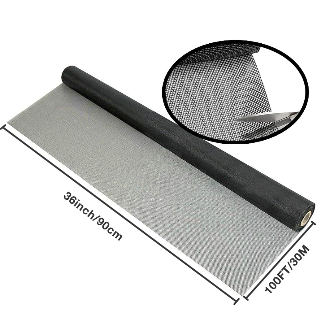 36IN*100FT Window Screen Mesh,Fiberglass Screens Roll,Pet Proof Window Screen Replacement,DIY Screening Mesh Netting for Windows, Door, Pool, Porch,Patio -Black (90cm*30m)