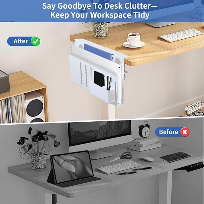 LUKETURE Laptop Holder, Steel Desk Side Storage, No Drill Standing Desk Accessories, Clamp on Laptop Mount with Pen Holder, Fits Flat Edge Tables 0.3" to 2.8" (White, M(1 Tier))