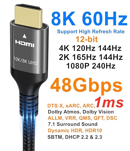 10K 8K 4K HDMI Cable 48Gbps 20 FT, Certified Ultra High Speed HDMI® Cable 4K 240Hz 144Hz 120Hz 8K60Hz 0.01ms HDR10+ eARC HDCP2.3 Netflix Roku TV PC Monitor Projector PS5 Xbox