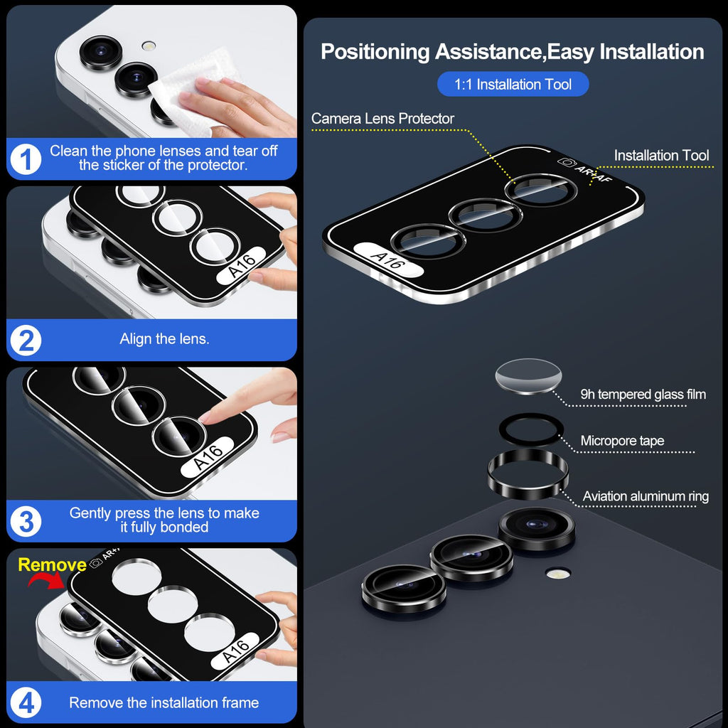 Avocase for Samsung Galaxy A16 Camera Lens Protector, Individual Metal Ring Tempered Glass Lens Cover, [Strong Adsorption] Scratch Resistant Ultra-Thin HD Clear Lens Cover, 1 Set-Black Ring
