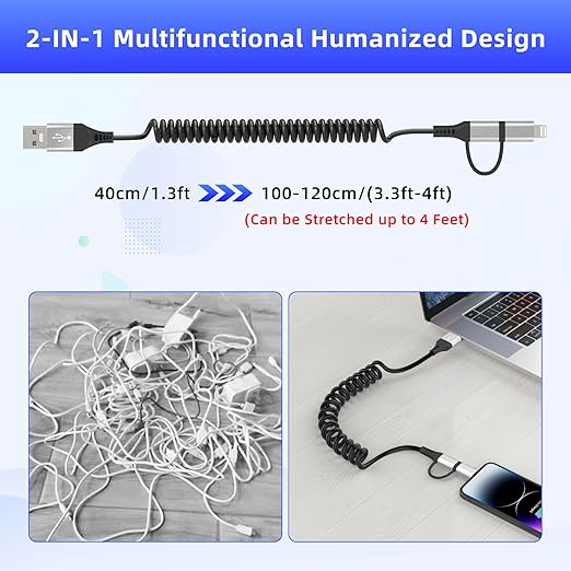 USB to USB-C and Lightning Cable 2 in 1 Coiled Cable Support Aple Carplay & Android Auto [MFi & 3A Fast Charge & Data Sync] Coiled Lightning and USB C Cable for iPhone 17/16/15/14/13/Android, Silver