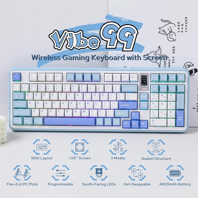 Vibe99 Wireless Gaming Keyboard with 1.06'' Screen, 96% Hot Swappable Creamy Mechanical Keyboard with Gasket Structure, BT5.0/2.4GHz/USB-C, 5-Layer Padding, RGB, NKRO for Win/Mac (Blue)