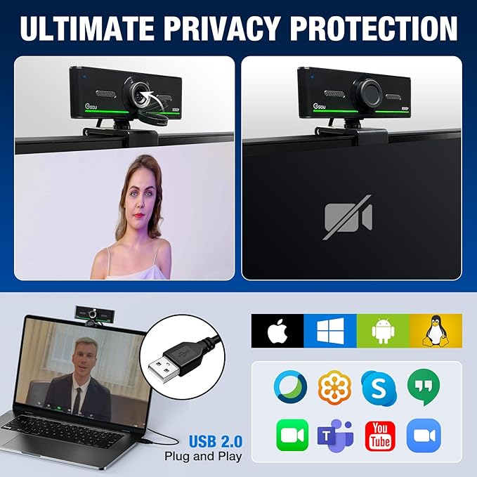 1080P Webcam with Mics, Auto Light Correction, USB Plug&Play, Privacy Cover, Computer Webcam Connect Bluetooth Headset/Earphone/Speaker, Full HD for Business Meetings & Live Streaming