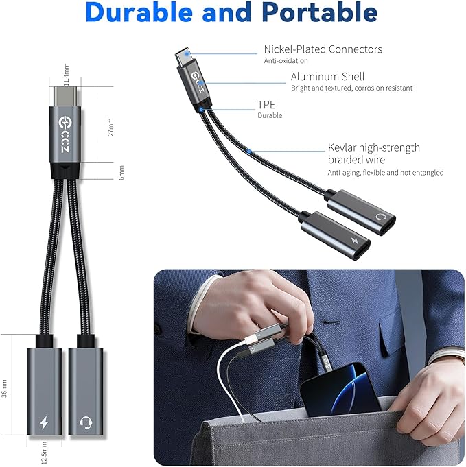 5PCS USB C Headphone Splitter,CCZ CA01 USB C to Type C Headphone Jack and Charger Adapter, 1 in 2 out Dongle Hi-Res DAC Audio Cable with PD 60W Fast Charging for Samsung Galaxy S25 S24 S23 (USBC-USBC)