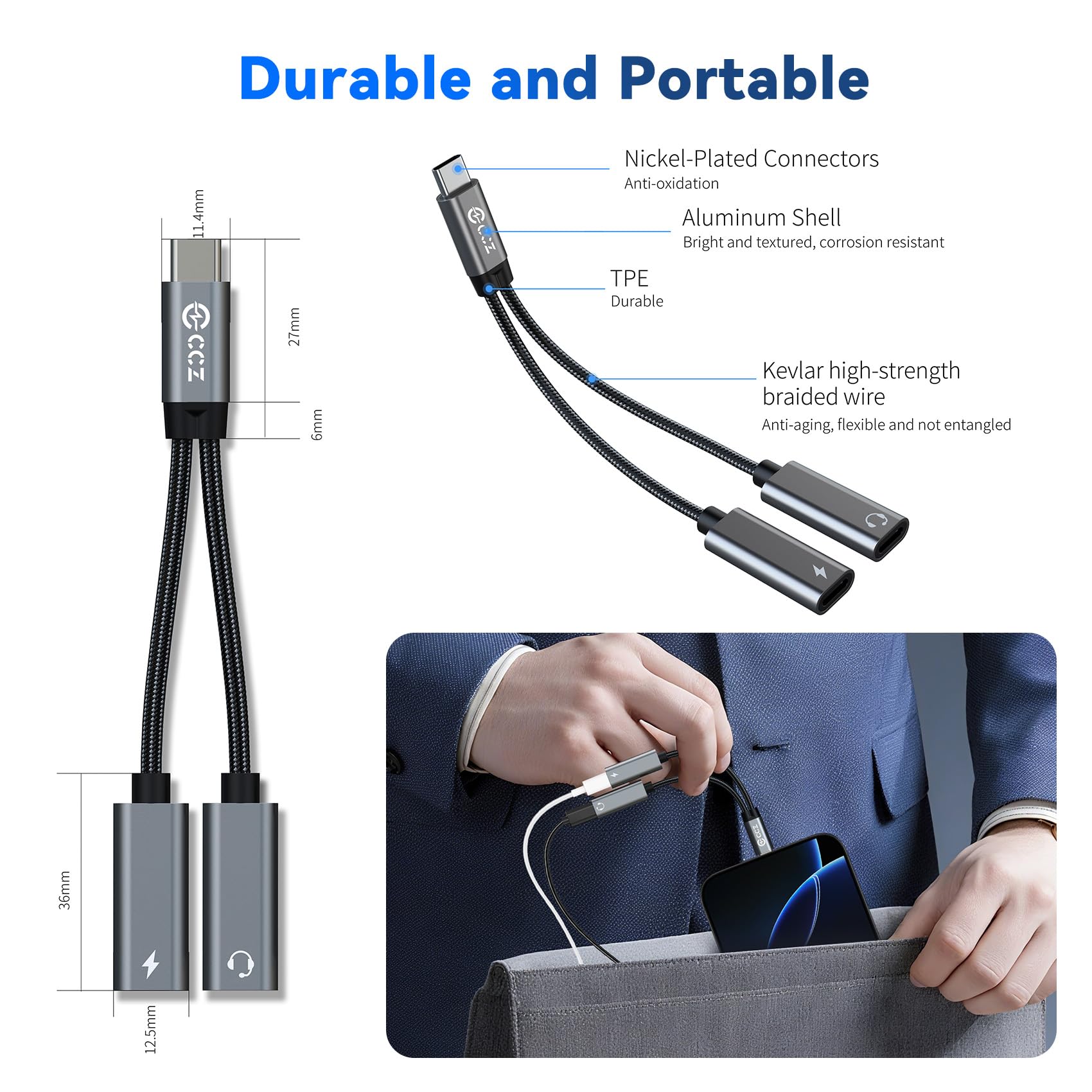 3PCS USB C Headphone Splitter,CCZ CA01 USB C to Type C Headphone Jack and Charger Adapter, 1 in 2 out Dongle Hi-Res DAC Audio Cable with PD 60W Fast Charging for Samsung Galaxy S25 S24 S23 (USBC-USBC)