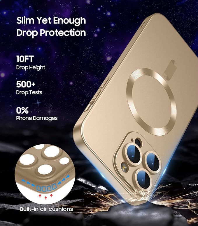 Magnetic for iPhone 16 Pro Case [Compatible with MagSafe][Built-in Camera Lens Protector] Slim Soft Silicone Bumper Shockproof Metallic Luster Phone Case (Gold)