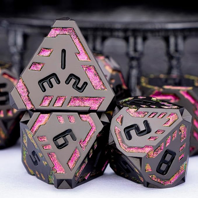 Metal DND Sci-fi Dice Set 7PCS Stripe Polyhedral Dice for Dungeons Dragons RPG Role Playing Game, Glitter D and D Dice with Gift Box D6 D8 D10 D12 D20 (Black&Purple Red)