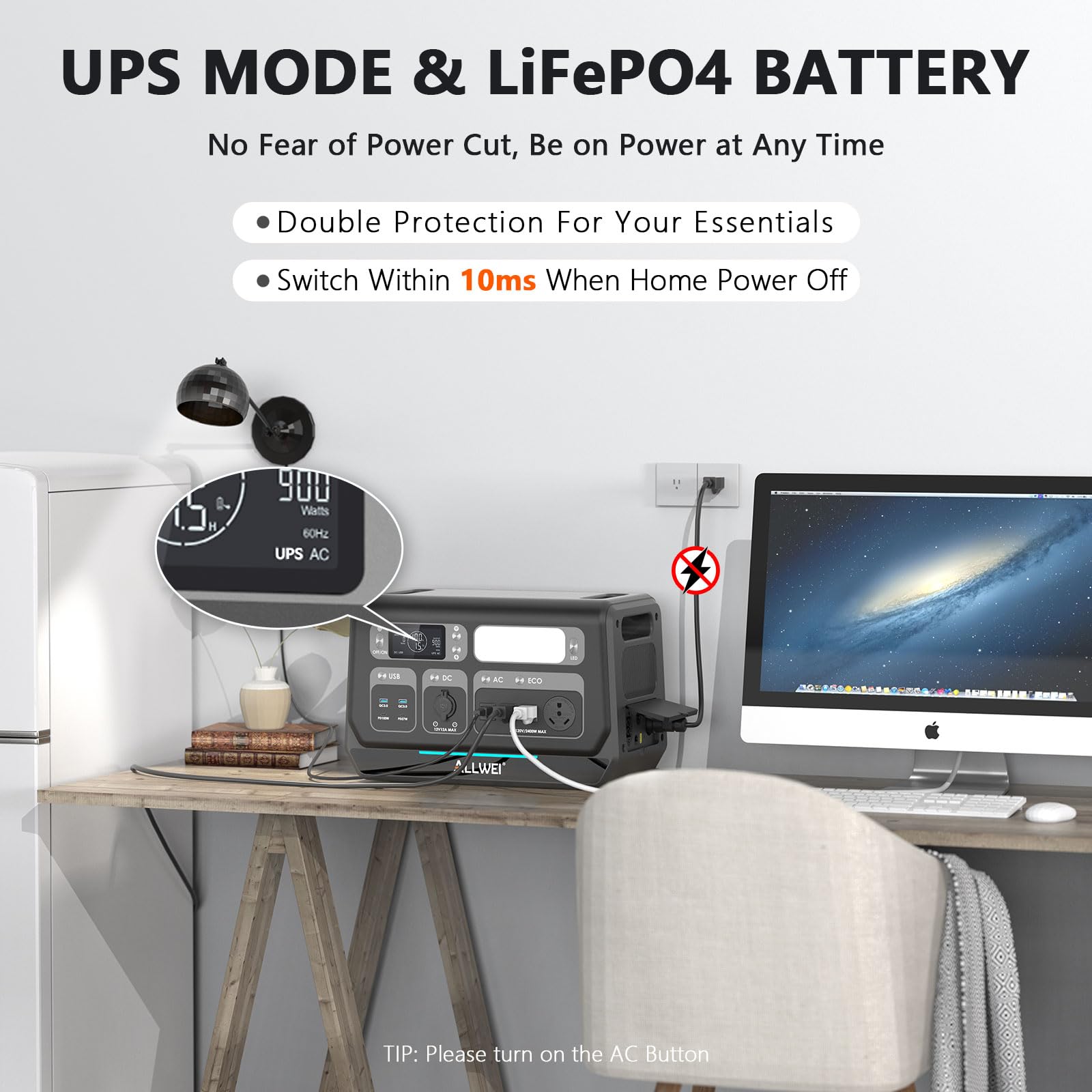ALLWEI 2400W LiFePO4 Power Station, 2048Wh Solar Generator with 1500W AC Charging &1200W Solar Charging, Expandable to 10.24kWh, with Pure Sine Wave AC Outlets for Home Backup, Power Outages & Camping
