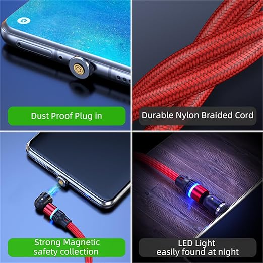 Magnetic Charging Cable (6-Pack,1.6+3.3+3.3+6.6+6.6+10ft) 540° Rotation Magnet Phone Charger USB C Cable 3A Fast Charging Magnetic Charger Cable with LED Light for Micro USB Type C Device