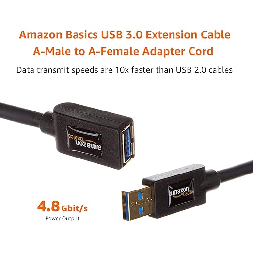 Amazon Basics USB-A 3.0 Extension Cable, 4.8Gbps High-Speed, Male to Female Gold-Plated Connectors, 3.3 Foot, Black
