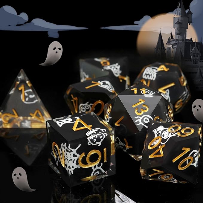 Haxtec Sticker Sharp Edge Dice Halloween Dice Resin DND Dice Set 7PCS Glow in The Dark Polyhedral D&D Dice for Compatible with Dungeons and Dragons