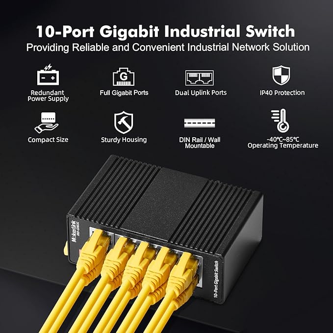 MokerLink 10 Port Gigabit Industrial DIN-Rail Ethernet Switch, Unmanaged IP40 Network Switch (-40 to 185°F), Mini Size, with Power Supply