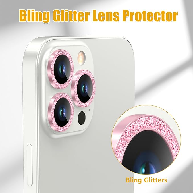 AGVEE 3+3 6 Pack for iPhone 13 Pro 6.1" / 13 Pro Max 6.7" Camera Lens Cover Protector, Bling Diamond & Bling Glitter Metal Ring 9H Tempered HD Glass Camera Cover Protector Film, Bling-Pink