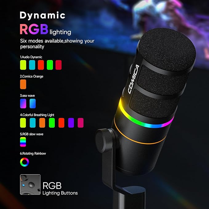 COMICA EJoy D10(A) USB Gaming Microphone – Boom Arm Mic with Noise Cancellation, XLR/USB-C, Real-Time Monitoring, Muting, RGB Professional Studio Mic for Gaming, Streaming, Podcast, Recording (Black)