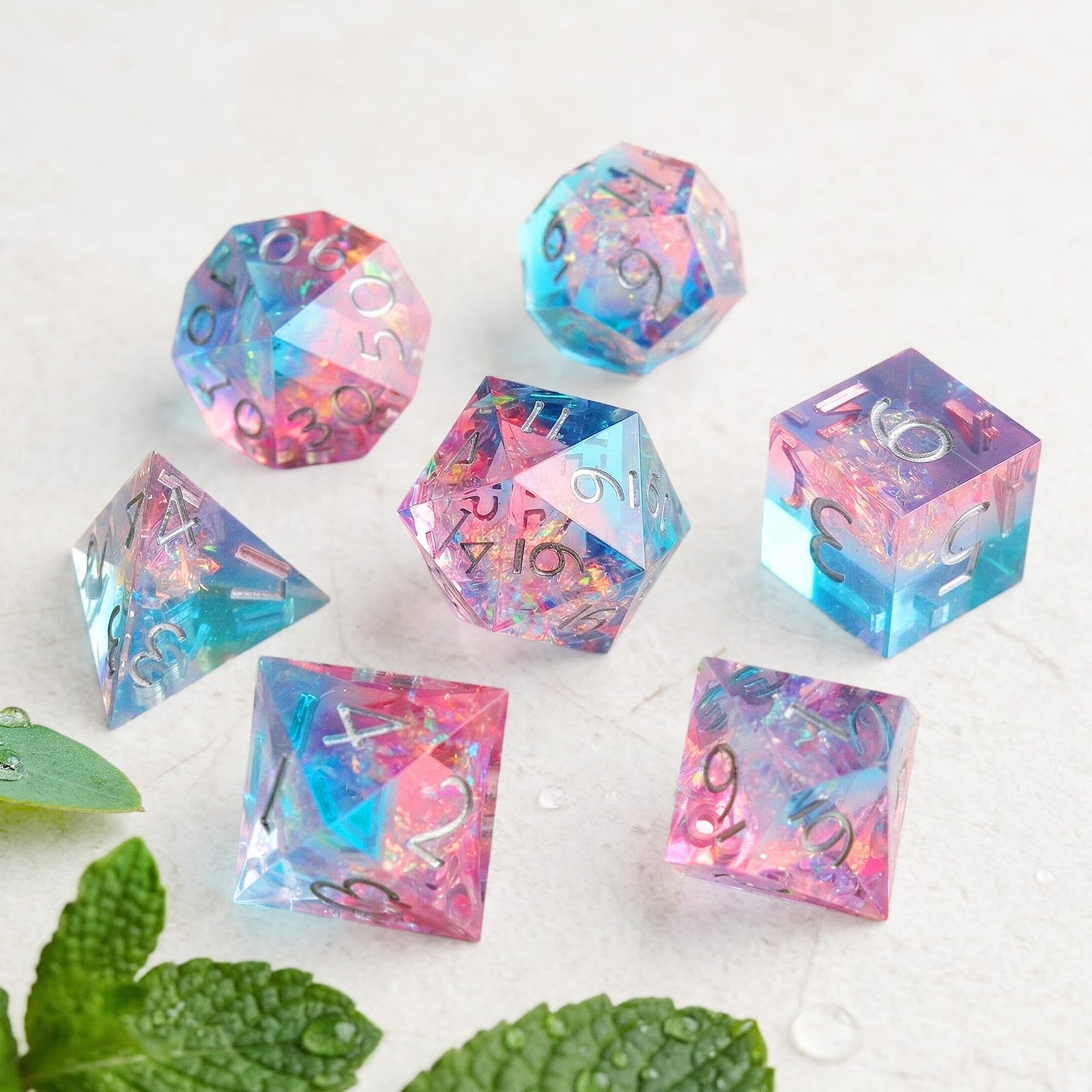 Haxtec Sparkling Sharp Edge Dice Set - Handmade Resin DND Dice with Iridescent Mylar Inclusion, Light Purple and Blue Color Mix-Enchanted Stardust