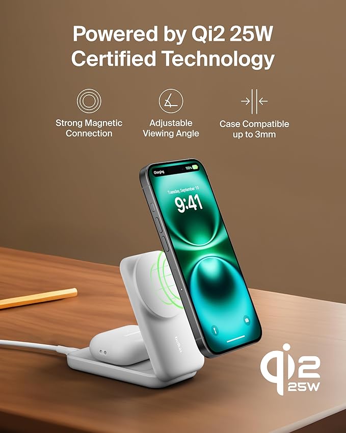 Belkin MagSafe Charger Compatible, 2-in-1 Charging Station, Qi2.2 25W Magnetic Wireless Charger Dock, Foldable Stand, with 5W USB-C Port, for iPhone 16/15/14, AirPods (45W Adapter Included)