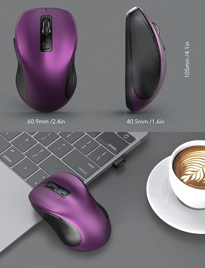 Trueque Wireless Mouse for Laptop, 2.4GHz Ergonomic Computer Mouse with Back & Forward Buttons, 3 Adjustable DPI Levels, 6 Buttons, Optical USB Cordless Mice for Windows Chromebook MacBook PC (Purple)