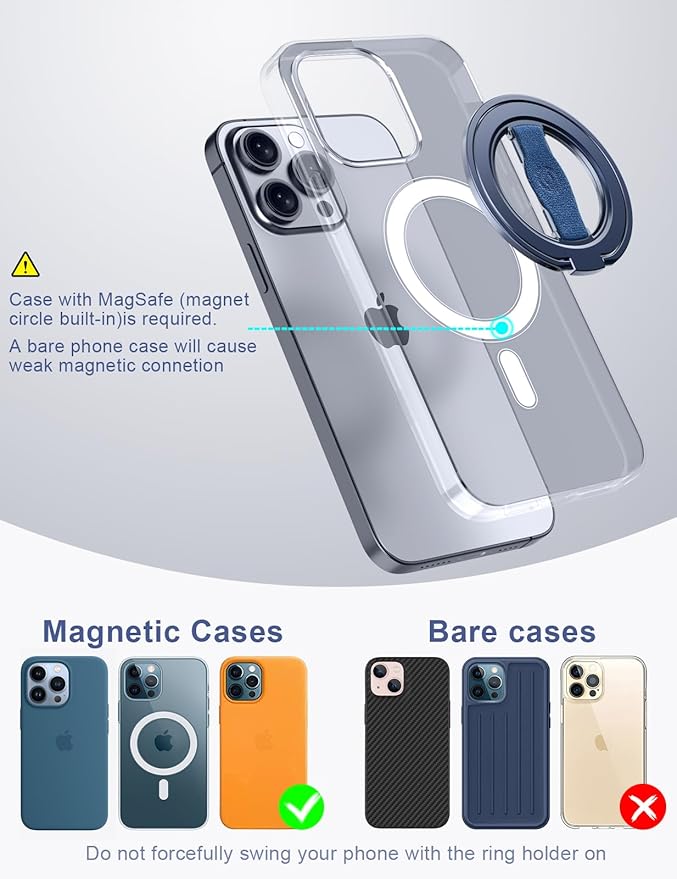 EWA MagOne 3rd Gen [Compatible with MagSafe] Phone Grip Stand with Finger Strap, Removable Magnetic Ring Holder Kickstand Loop for iPhone 16,15, 14, 13, 12 Series-(Blue)