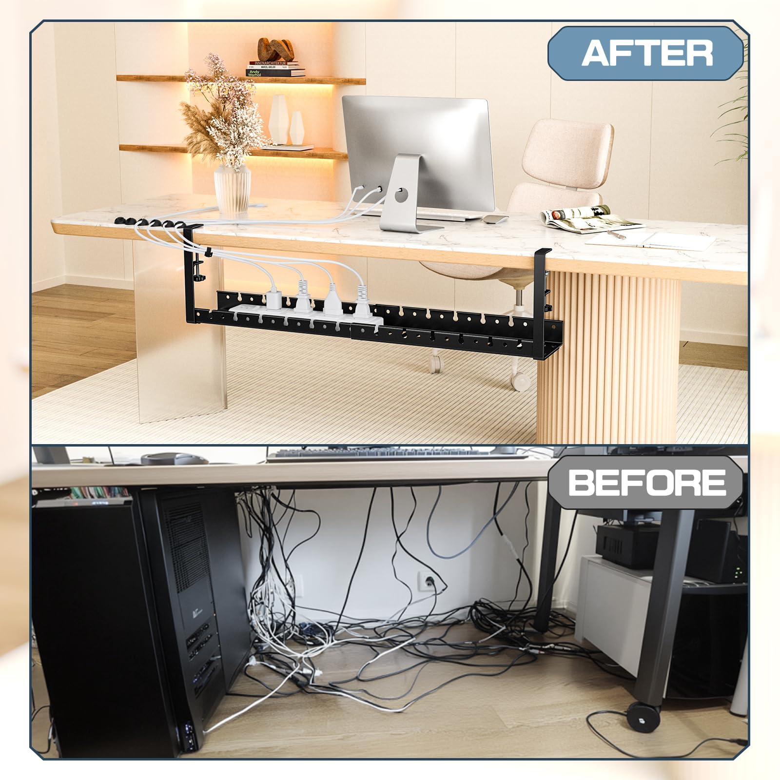 Shikha Under Desk Cable Tray, 15.7"-30.7" Retractable Under Desk Cable Management, No Drilling Cord Organizer with Clamp, Wire Management for Home Office -Black