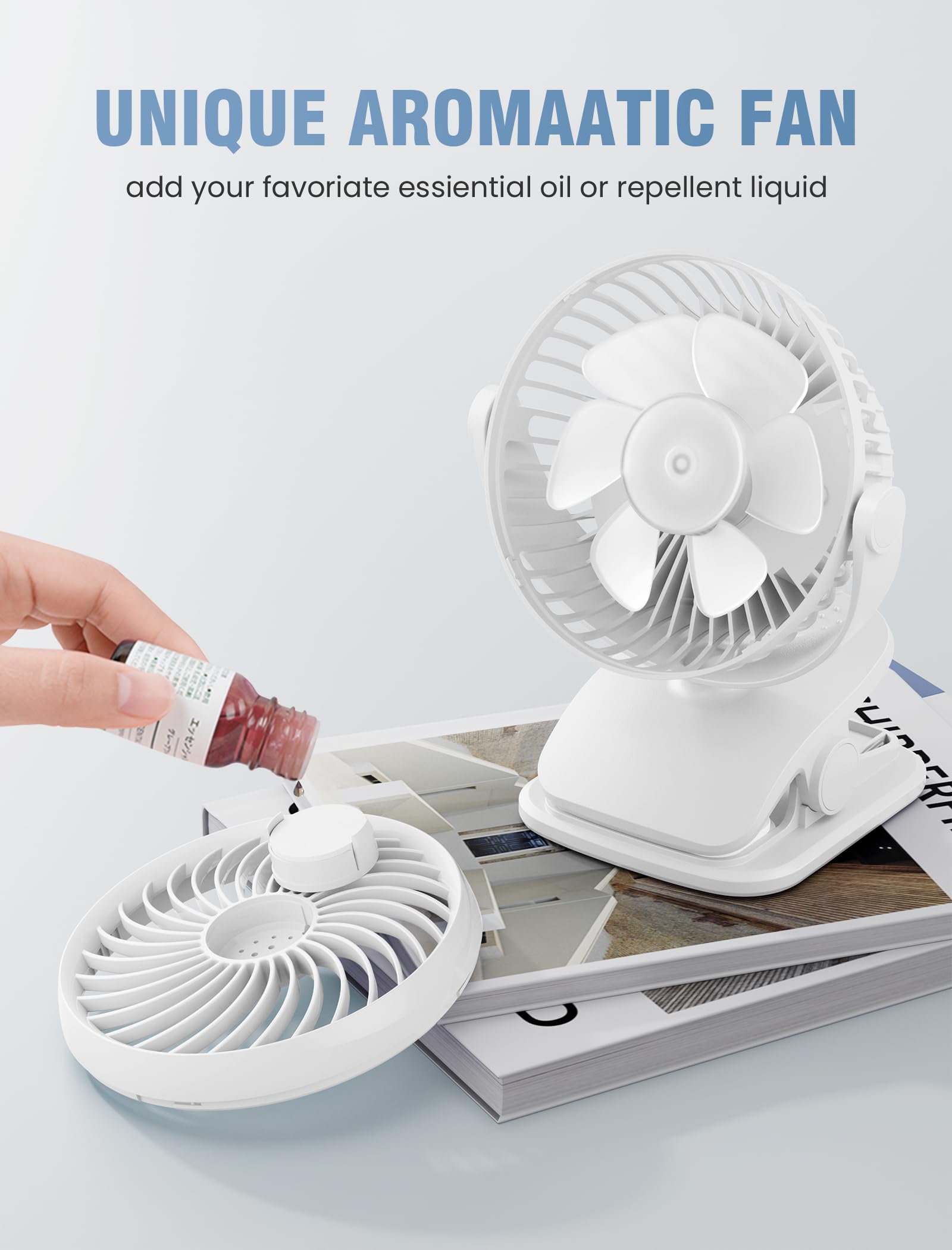 AA Battery Powered Clip on Fan with 4-Speed, 5’’ Small Desk Fan with Aroma Function, USB Powered, 360°Rotation, Ultra Quiet, for Golf Cart, Stroller, Bedroom,Car(Batteries Not Included) (White)