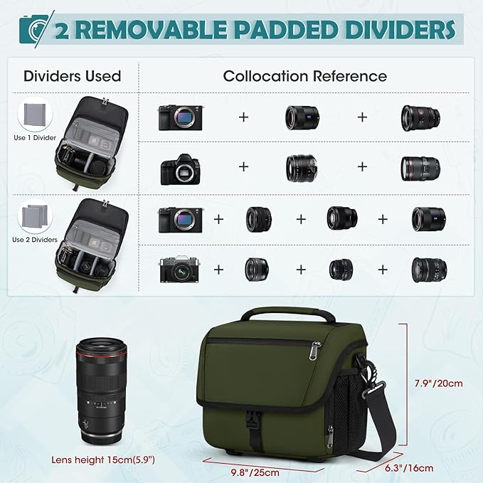 RAINSMORE Camera Bag, DSLR/SLR/Mirrorless Camera Case with Tripod Holder Waterproof Camera Sling Bag Crossbody Camera Bags for Photographers with Rain Cover for Canon/Nikon/Sony/Fuji, Green