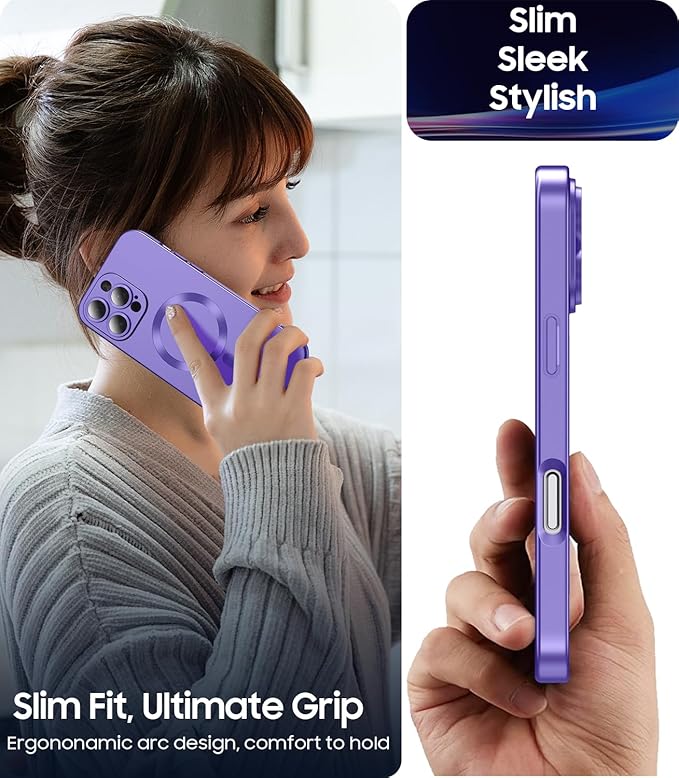 Magnetic for iPhone 16 Pro Case [Compatible with MagSafe][Built-in Camera Lens Protector] Slim Soft Silicone Bumper Shockproof Metallic Luster Phone Case (Purple)