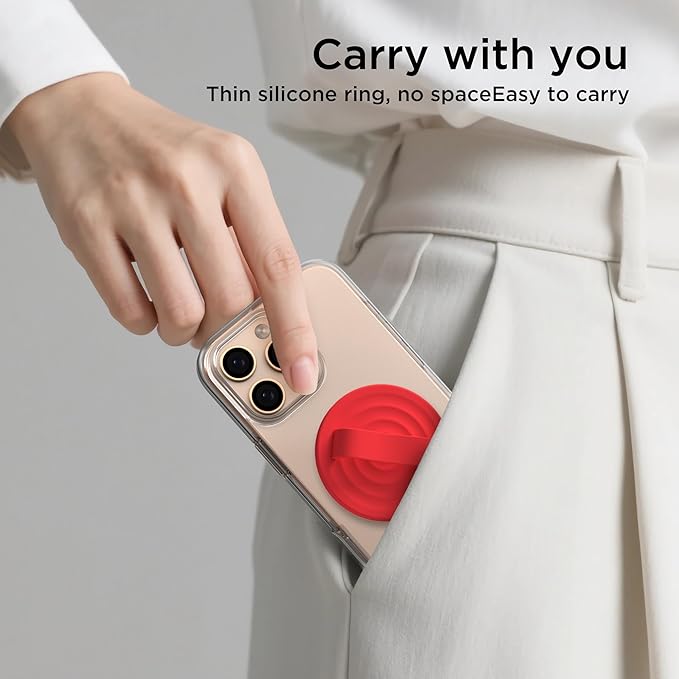 Magnetic Phone Ring Grip Holder, Silicone Finger Loop Grip, Compatible with MasSafe, Back of Phone for iPhone Pro Max/Plus/16/15/15/14/13/12 Series, Red