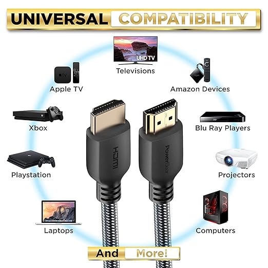 PowerBear 4K HDMI Cable 10 ft | High Speed Hdmi Cables, Braided Nylon & Gold Connectors, 4K @ 60Hz, Ultra HD, 2K, 1080P, ARC & CL3 Rated | for Laptop, Monitor, PS5, PS4, Xbox One, Fire TV, & More