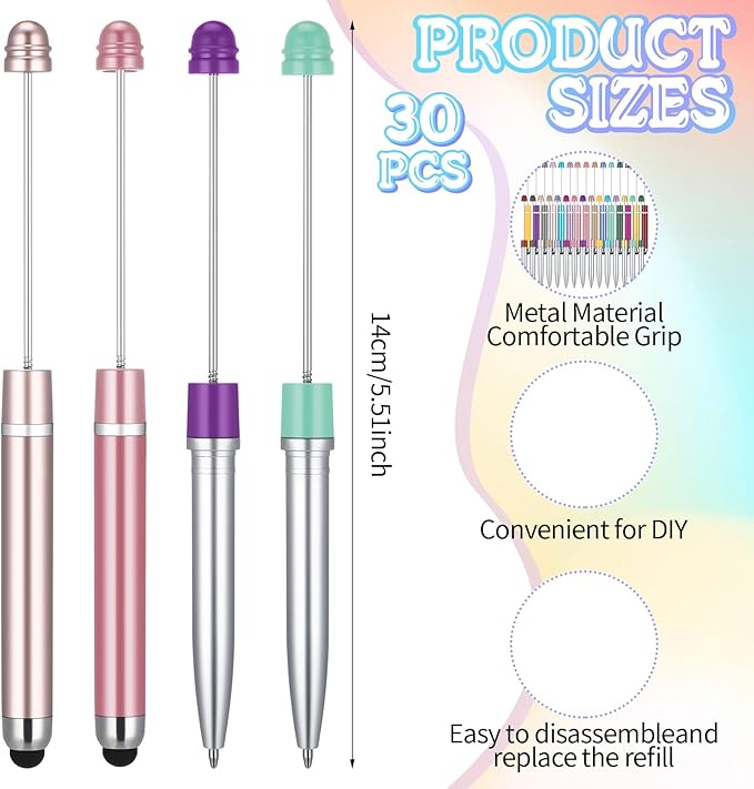 Qilery 30 Pcs Beaded Pens with Stylus Tips Plastic Beaded DIY Stylus 2-in-1 for Rubber Touch Screen Handwriting Ballpoint Pen 1.0mm, Black Ink, Office Supplies(Rainbow)