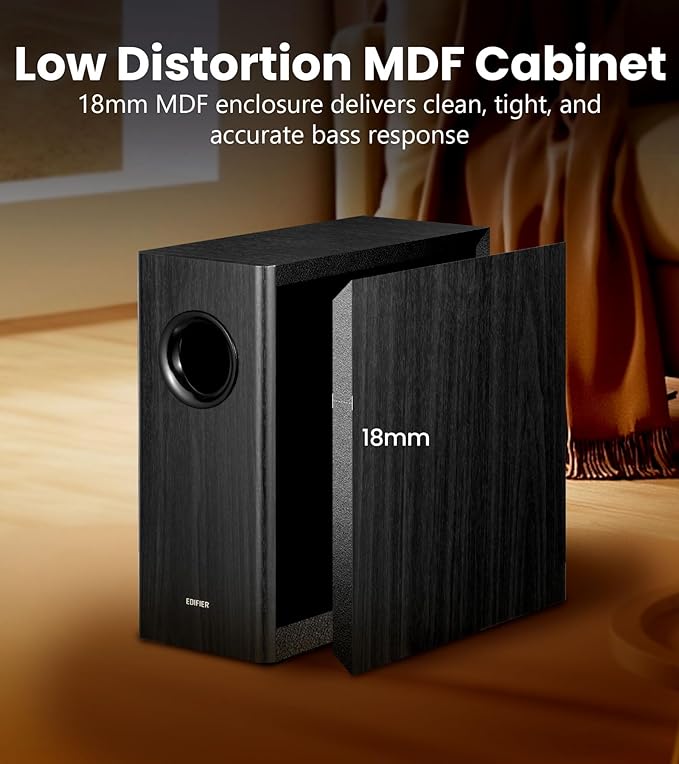 Edifier T5s Powered Active Subwoofer with 70W RMS, 8" Long-Throw Woofer, Deep Bass (35Hz) Speaker, Built-in Amp, Low Distortion, Phase Selector & Energy-Efficient for Home & Studio Audio, Black