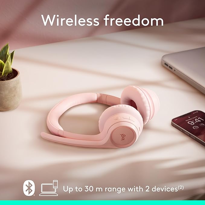 Logitech Zone 300 Wireless Bluetooth Headset with Noise-Canceling Microphone, Compatible with Windows, Mac, Chrome, Linux, iOS, iPadOS, Android – Rose