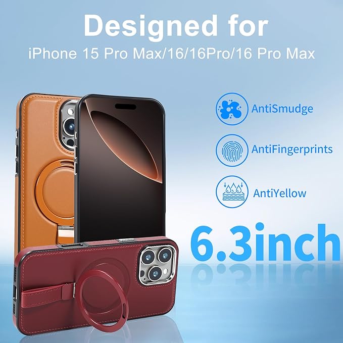 Leather Case, Suitable for iPhone 16 Case, Invisible Magnetic Design, Equipped with a Lanyard and Foldable Stand, Black, Yellow and red (Black, iPhone 16)