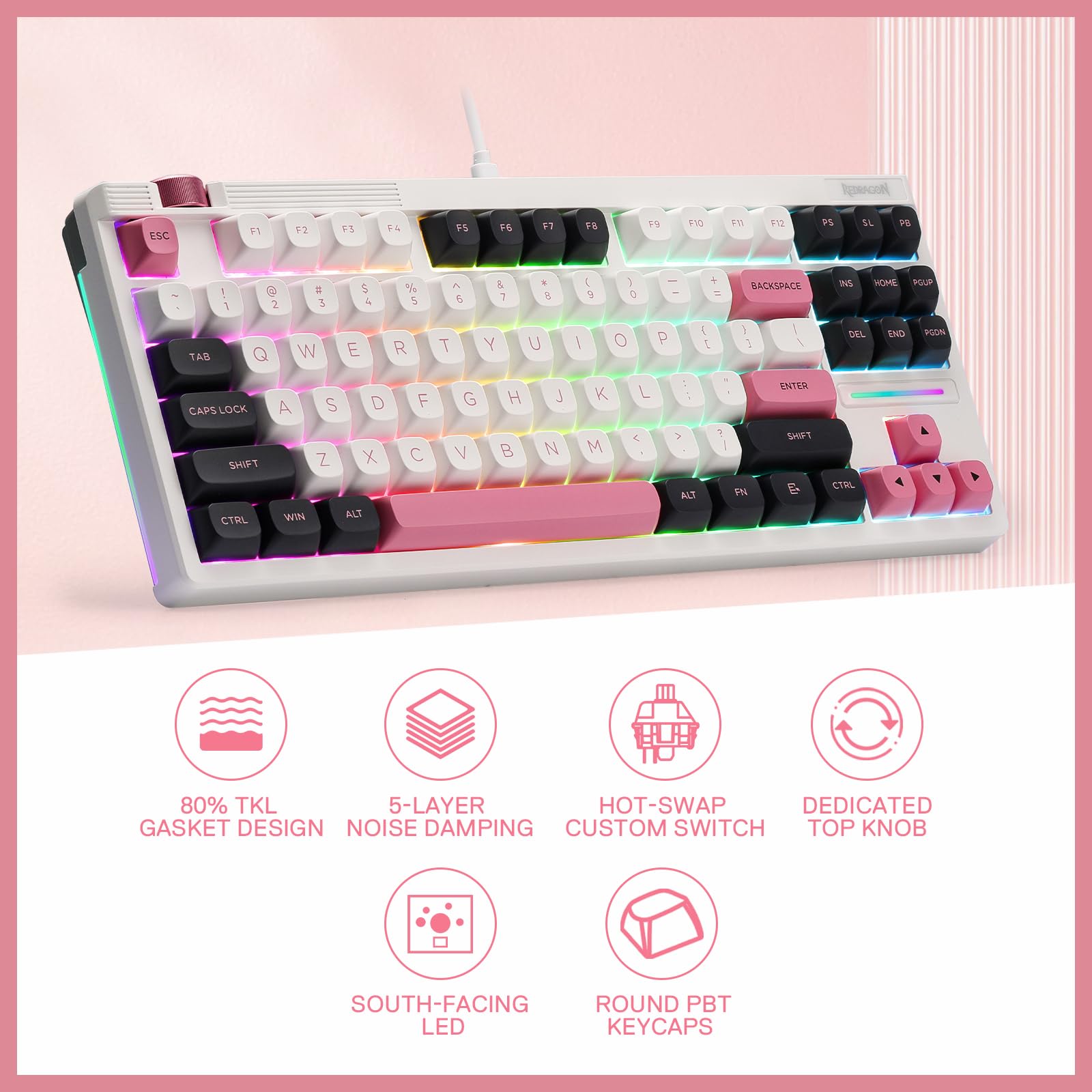 Redragon K729 80% Wired Gasket RGB Gaming Keyboard, 87 Keys TKL Mechanical Keyboard w/Knob Control, Mix-Color PBT Keycaps, Hot-Swap South-Facing Socket & 5-Layer Dampener, Custom Linear Switch