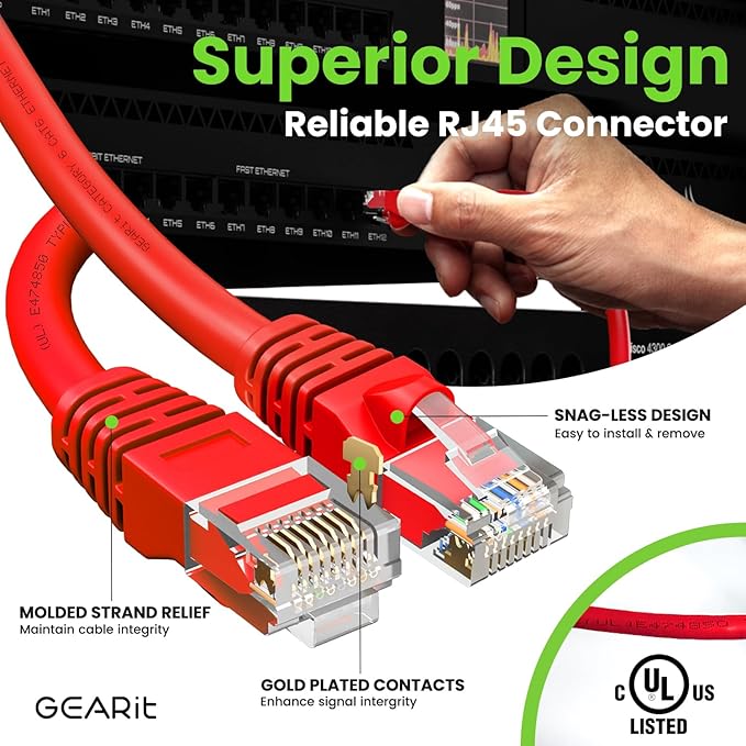 GearIT Cat 6 Ethernet Cable (10-Pack 6 Feet) Cat6 Network Patch, 10Gbps, RJ45, Snagless Cord, Gold-Plated Connectors, Internet for PC, TV, Tablet, Router, Printer, Servers, IT Data Center - Red