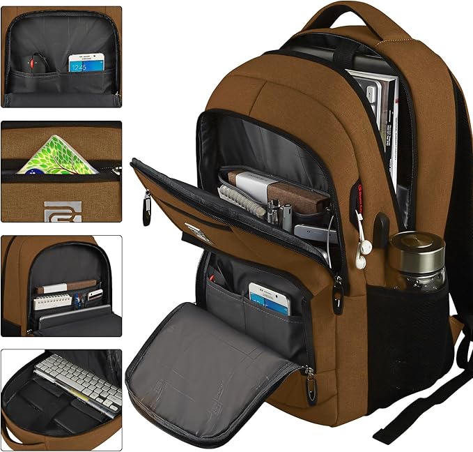 Volher Laptop Backpack,Business Travel Anti Theft Slim Durable Laptops Backpack with USB Charging Port,Water Resistant College Computer Bag for Women & Men Fits 15.6 Inch Laptop and Notebook-Brown