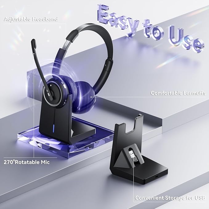 Wireless Headset with Mic for Work, Bluetooth Headset with Mic (AI Noise Canceling & Mic Mute), Wireless Headphones with USB Dongle & Charging Base for Work/Home/Call Center/PC/Computer/Zoom/Teams